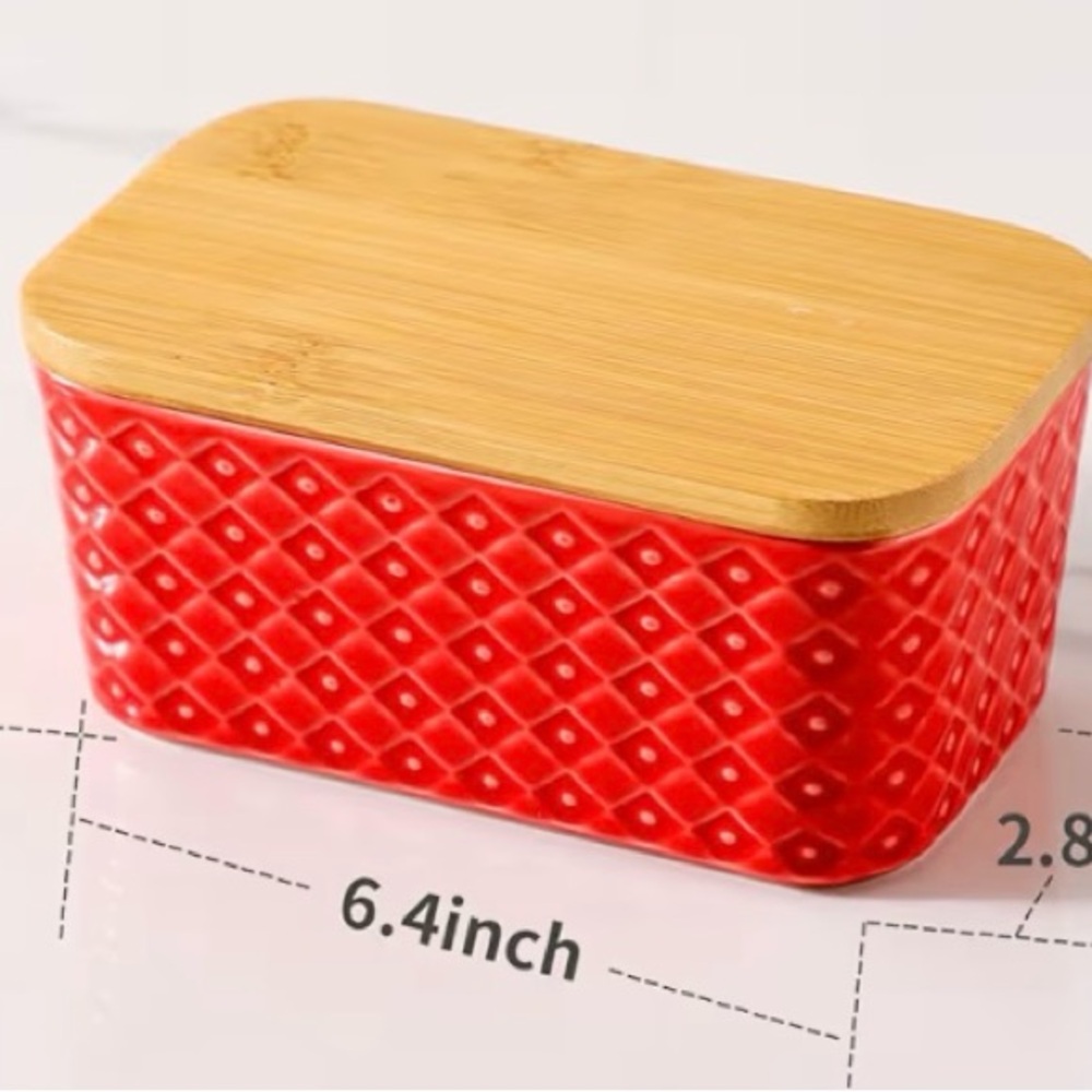 Hasense Large Ceramic Butter Dish with Airtight Wooden Lid For Countertop. Red